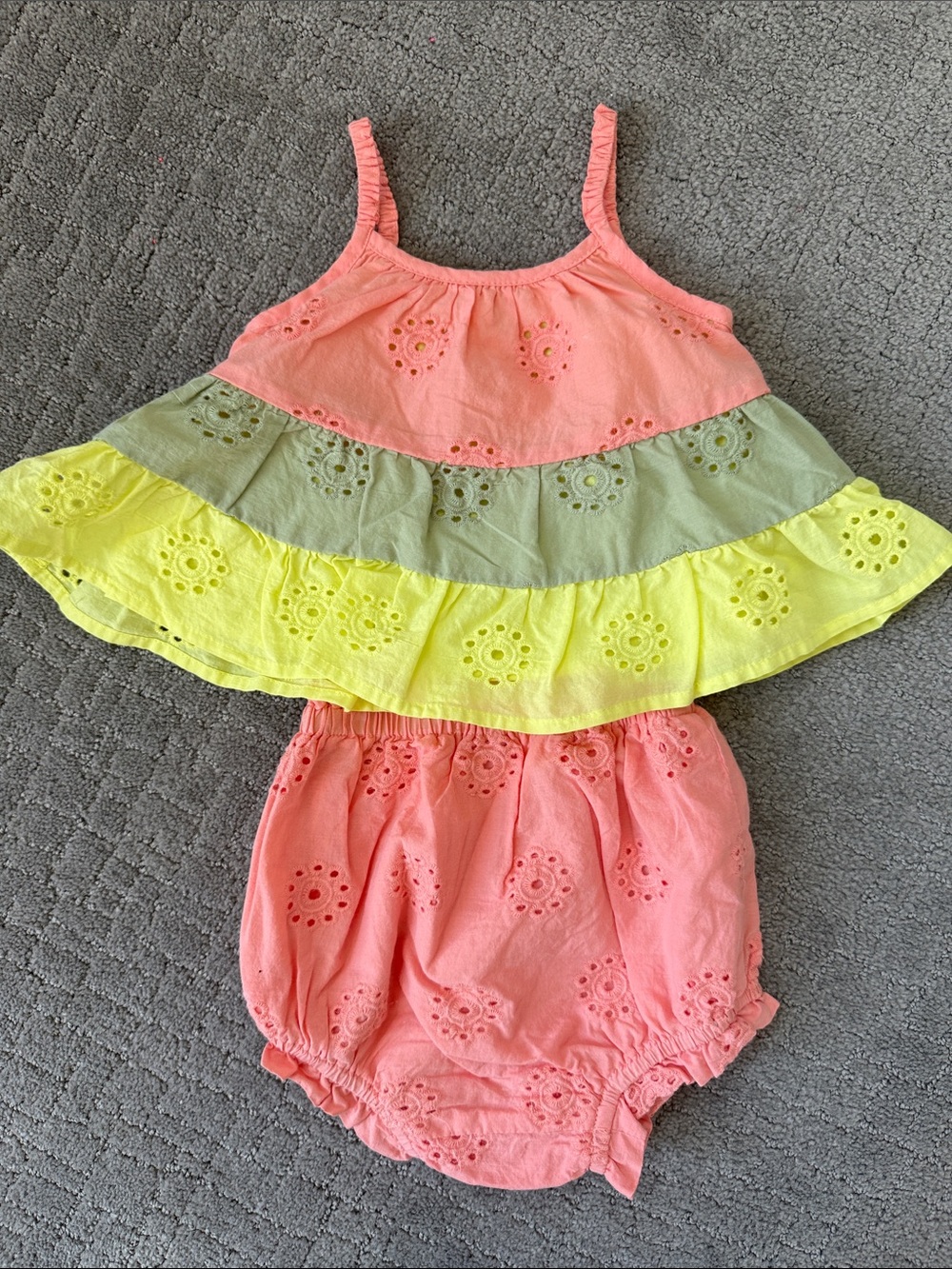 Peek Coral, Lime and Yellow Eyelet Ruffle Tank with Matching Bloomers